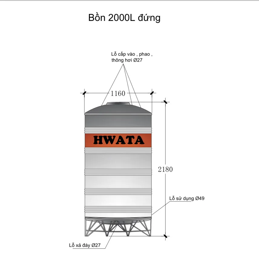Thân bồn chân đế gân tăng cứng và co nước bồn Hwata 2000L Cấu tạo bồn nước inox Hwata 2000L SUS304